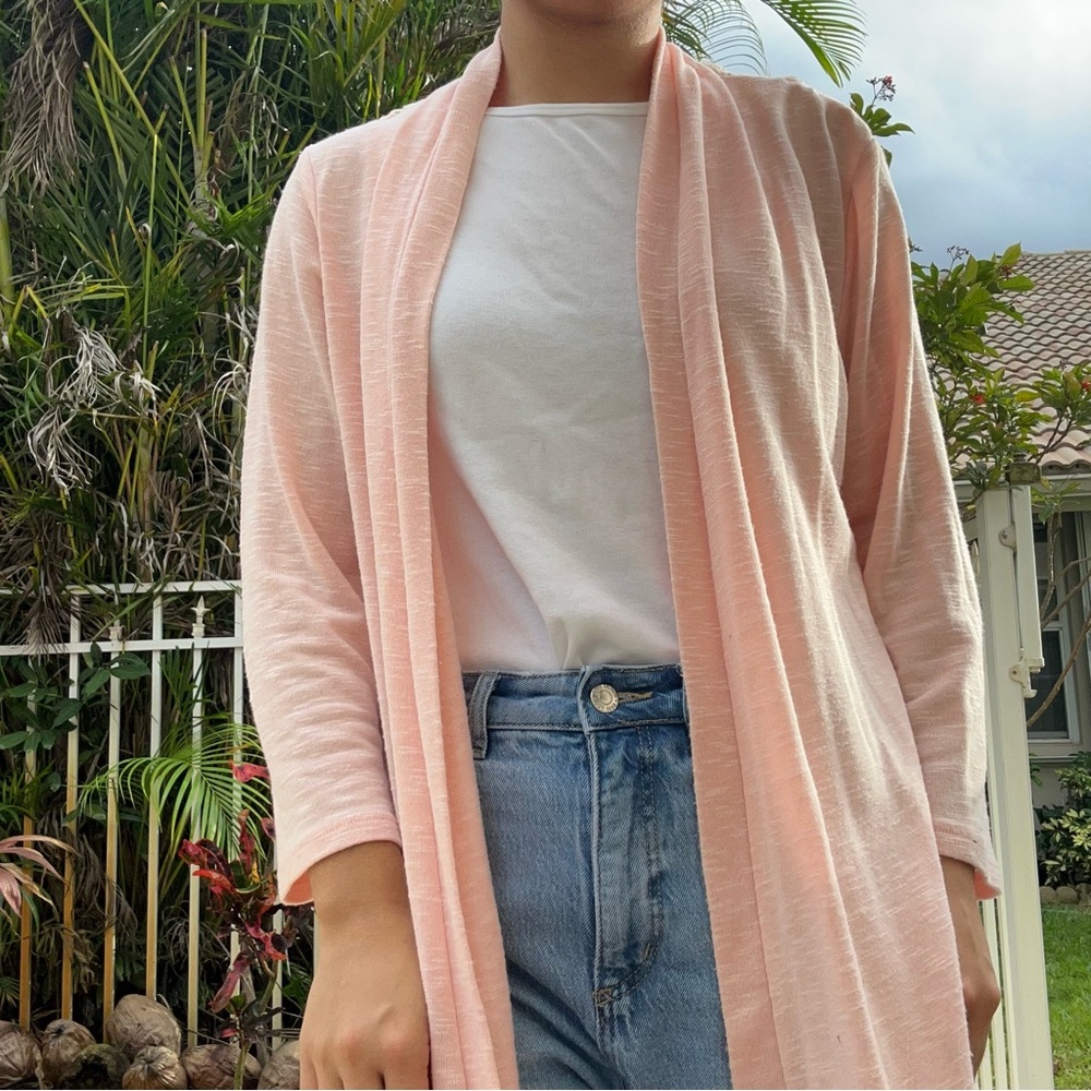 Maria Gabrielle Soft Peach Below Hip Mid Thigh Length Cardigan Lace Trim detail!